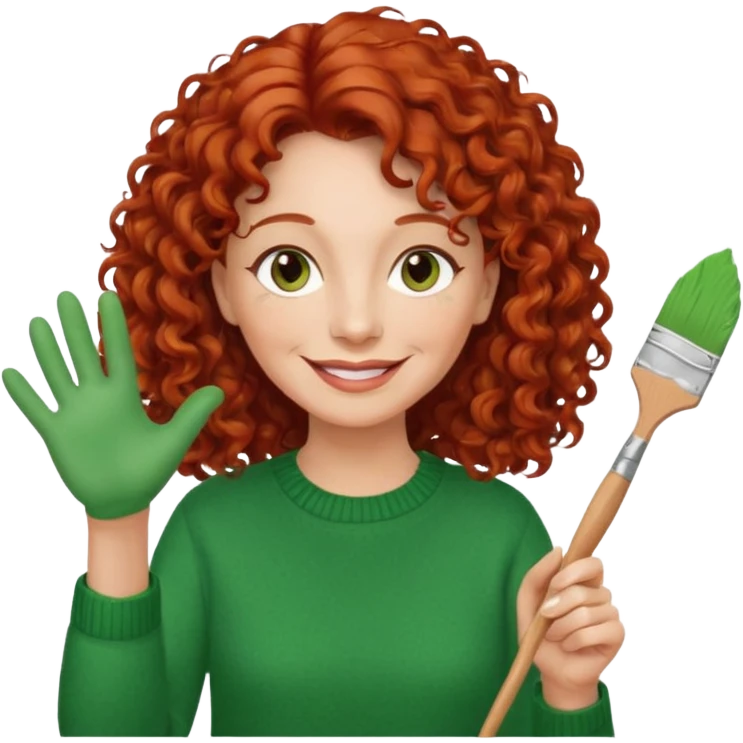 FEMME FRISÉ 60 ANS CHEVEUX ROUX FRISÉ SEMI LONG SOURIANTE AVEC CHANDAIL VERT YEUX BRUN ET UN PINCEAU À LA MAIN LA MAIN AVEC 5 DOIGT SEULEMENT  emoji