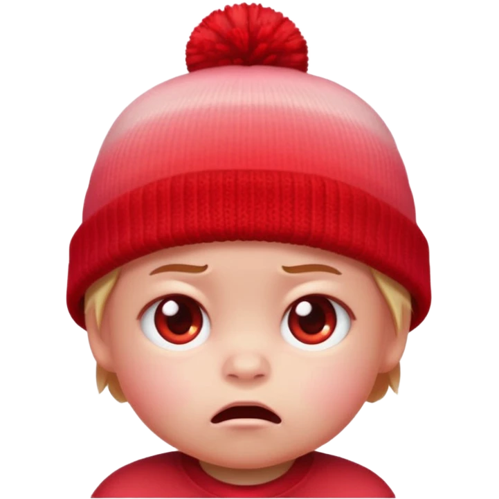 a baby red upset face emoji with a glowing pastel red gradient behind it, red beanie hat on emoji