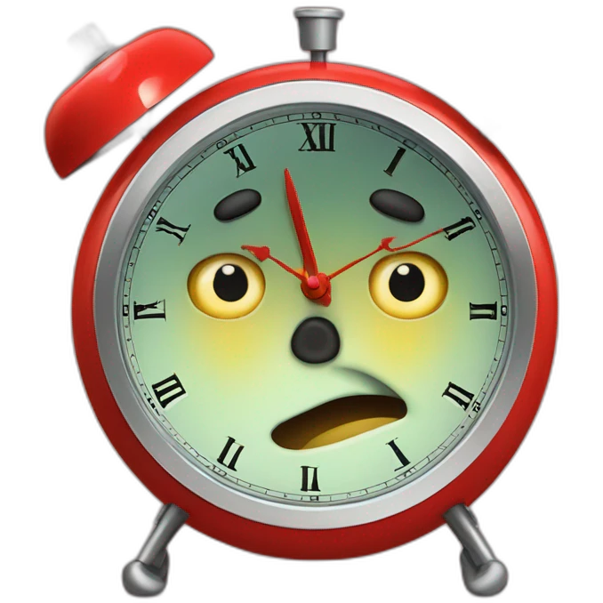A fearful red wind-up alarm clock with big cartoony eyes emoji