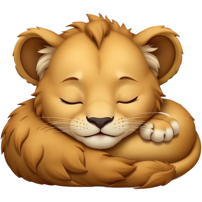 Meme-Worthy Cute Sleeping Lion Cub Portrait Emoji, Head resting peacefully with a contented smile, showcasing a robust build and a luxuriously soft tawny Fur with a flowing mane, eyes shut in a serene, restful nap, Simplified yet hilariously adorable features, highly detailed, glowing with a soft, drowsy light, high shine, relaxed and utterly lovable, stylized with an air of playful laziness, bright and heartwarming, soft glowing outline, capturing the essence of a comically sleepy Lion Cub, so meme-worthy it feels like it could instantly become the next viral sensation of adorable slumber! emoji