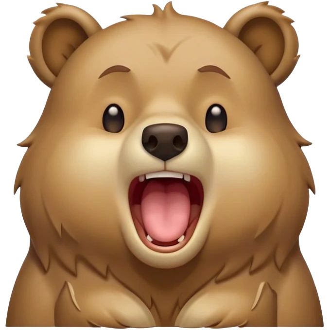 Cinematic Cute Yawning Bear Portrait Emoji, Head tilted slightly with a dramatic, wide-open yawn, showcasing a soft, plush dark brown fur with drooping ears, round eyes barely open in drowsy contentment, Simplified yet irresistibly adorable features, highly detailed, glowing with a soft, cozy glow, high shine, relaxed yet expressive, stylized with a touch of woodland charm, bright and endearing, soft glowing outline, capturing the essence of a sleepy yet affectionate bear, so drowsy it feels like it could lumber out of the screen and curl up for a nap! emoji