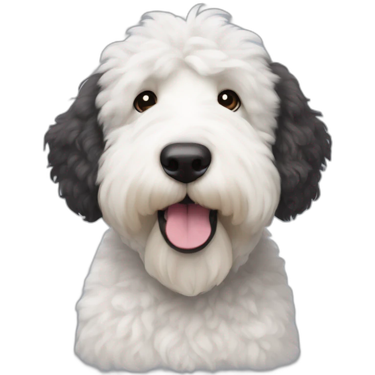 handsome sheepadoodle, white chest, white center of face, nice mustache, great posture emoji
