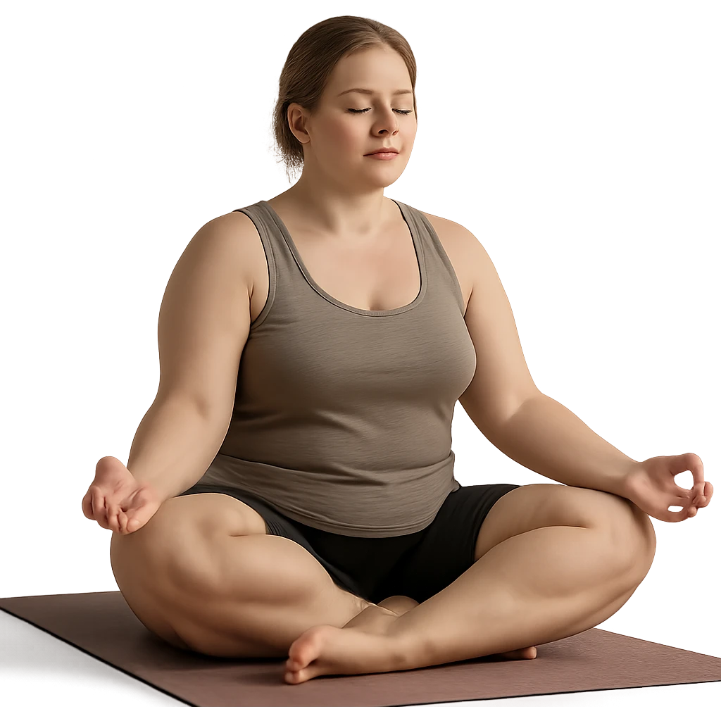 hyper realistic 4K woman doing yoga, fat on thighs and legs, normal physique, relaxing atmosphere, realistic details emoji