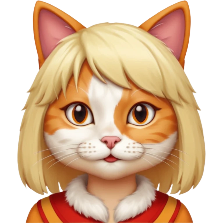 A cat with a wig on and red human nails emoji