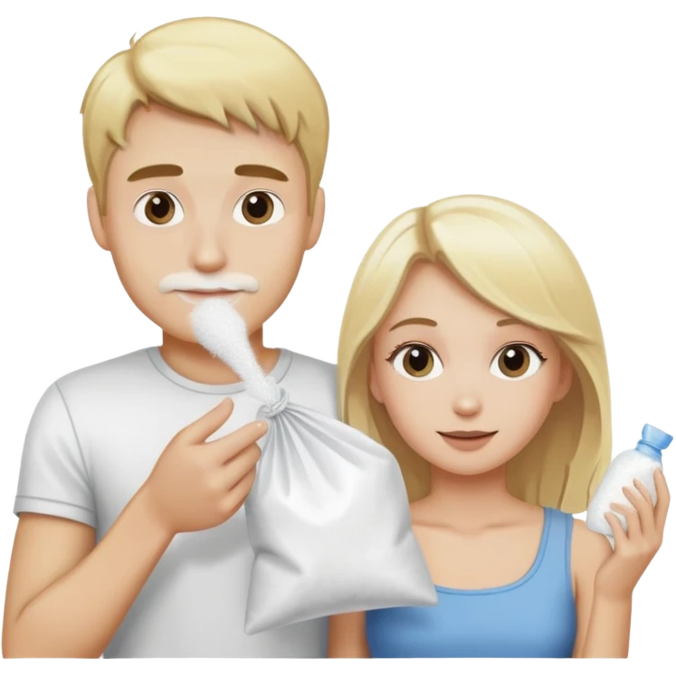 Blonde guy and blonde girl sharing a plastic bag of white powder emoji