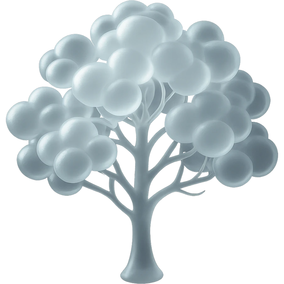 one tree with many branches and a white trunk, crown made of small very bright white fluffy convex clouds, matte glass style emoji