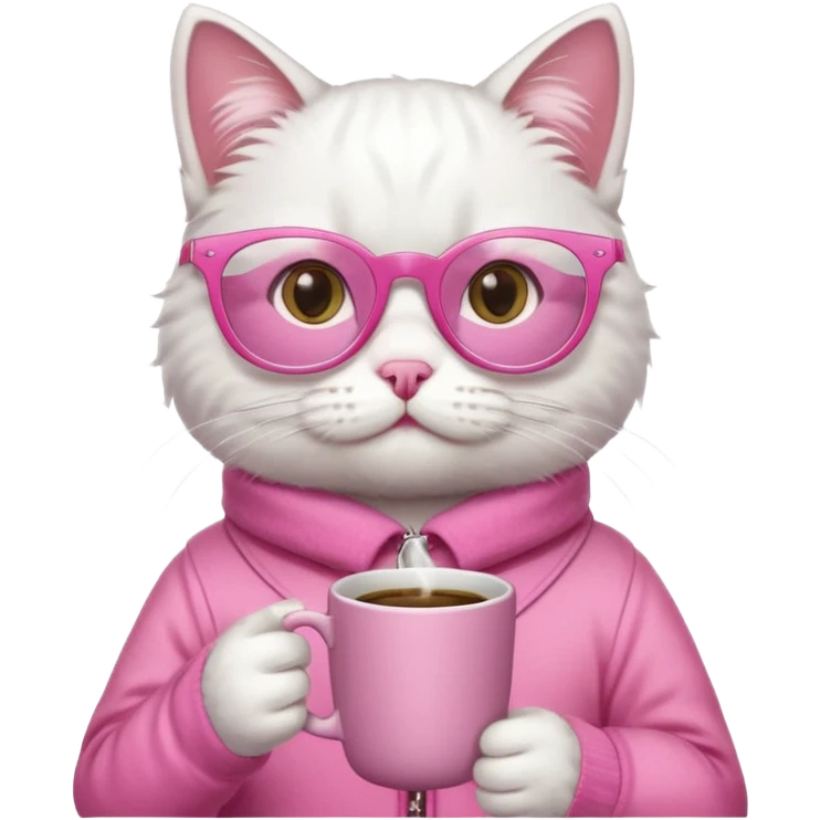 White cat, pink clothes and pink glasses, holding coffee mug emoji