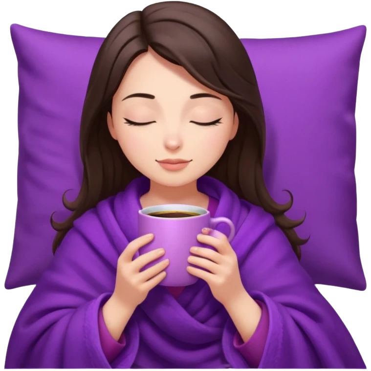 girl brunette inside a violet blanket sipping coffee from pink mug eyes closed emoji