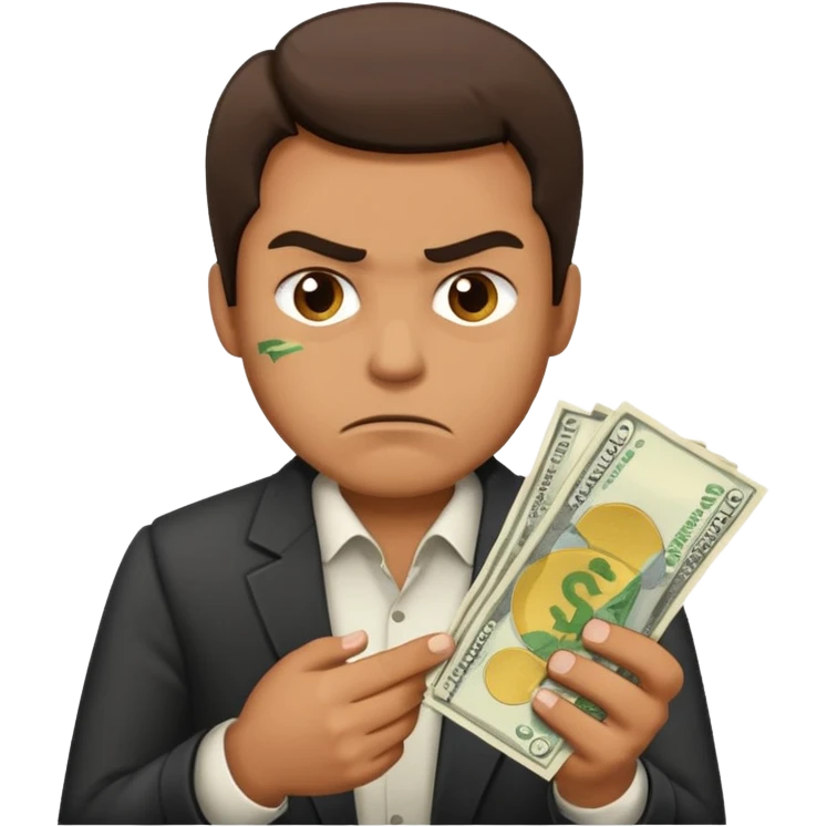 a guy who holds his money in his hands and looks angrily because he doesn't want to share it with anybody, he is a cheapskate  emoji