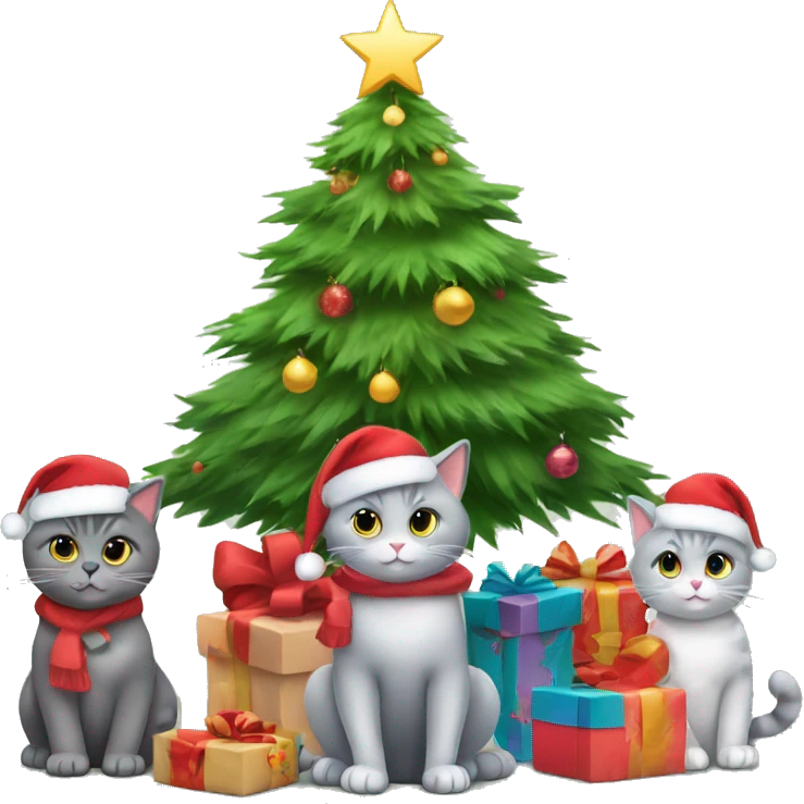 Four gray cats sitting under a Christmas tree  emoji