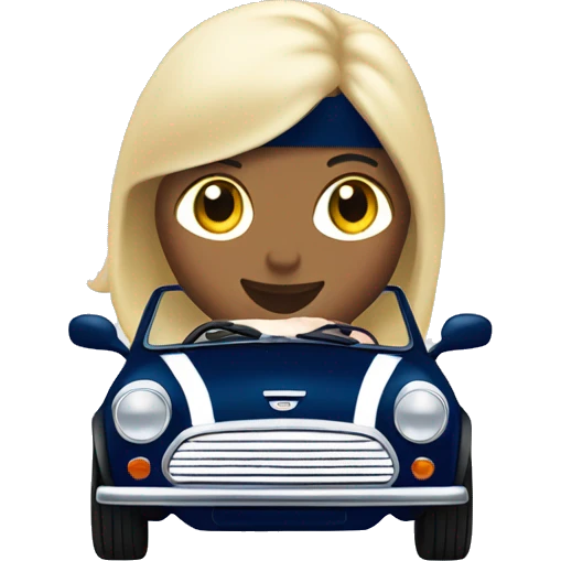 navy blue convertible Mini Cooper, with white woman driving emoji