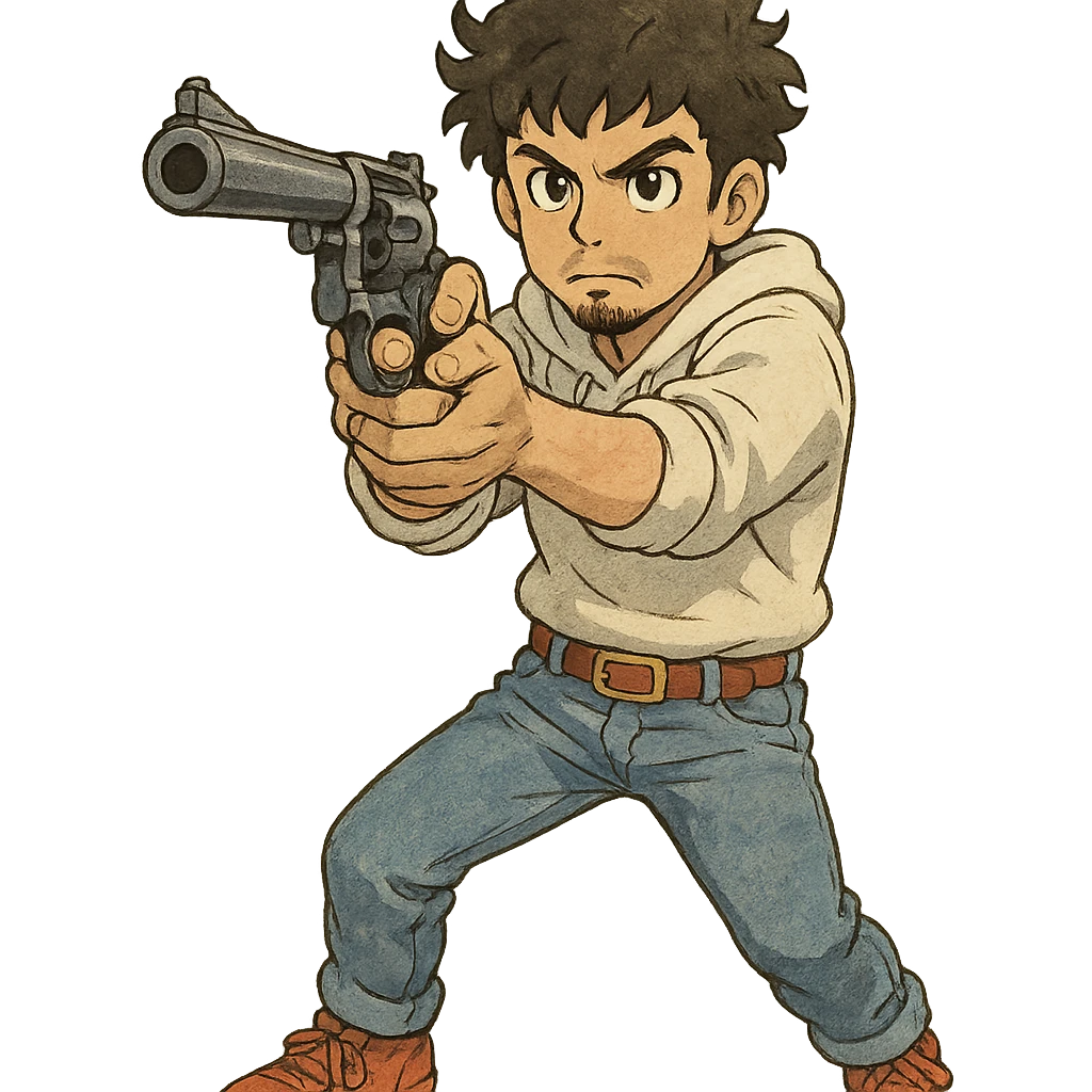 1 male, mid fade haircut dark chestnut brown curly hair, toasted lightskin, white hoodie sleeves up, fashion jeans, red fashion-sneakers shoes, red belt, short trimmed beard and goatee,  style of deku from "my hero academia", drawing a magnum revolver like dirty harry emoji