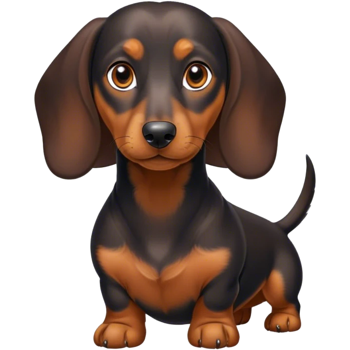 Cinematic Noble blablack and tanck and tan Dachshund Portrait Emoji, Poised and regal, with a long, low-slung build and a smooth, well-groomed black and tan coat, deep-set soulful brown eyes, Simplified yet sharp and sophisticated features, highly detailed, glowing with a soft, dignified glow, high shine, intelligent and determined, stylized with an air of charm, focused and attentive, soft glowing outline, capturing the essence of a watchful and confident companion, so majestic it feels as though it could slide out of the screen with effortless authority! emoji