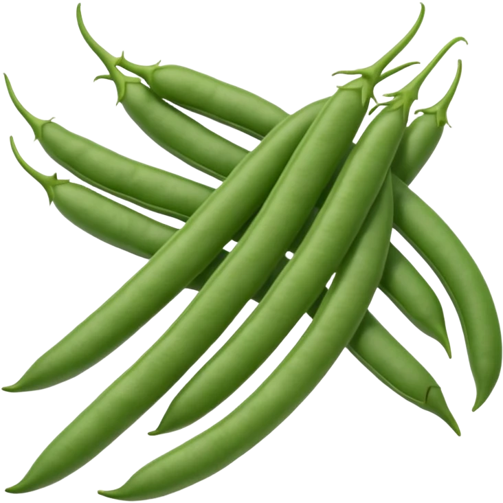green beans (haricots verts), 2-4, whole, slightly curved, smooth vibrant green, pointed ends, fresh, crisp, subtle sheen, natural texture, tiny stem tips, no leaves, no plate, transparent background, emoji scale emoji