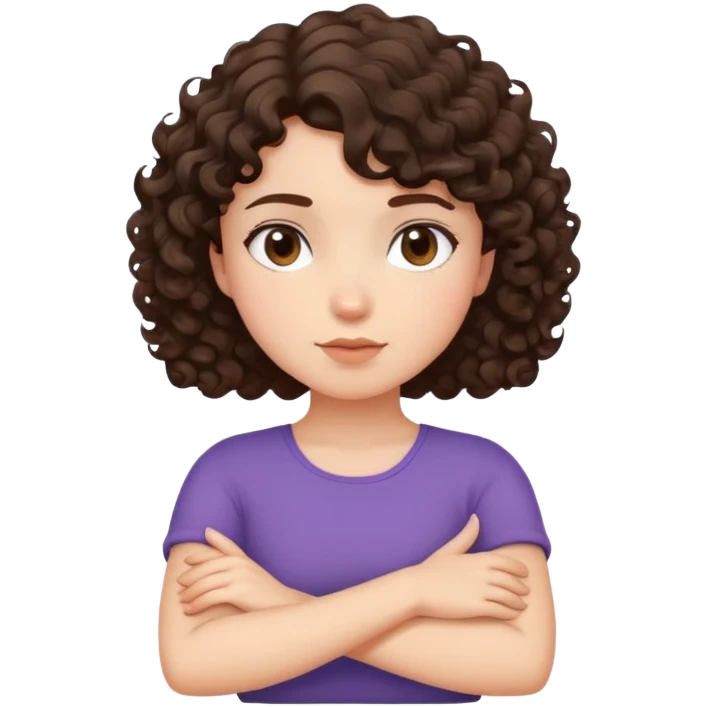 Girl with brunette curly short hair crossing her arms. Pretty emoji