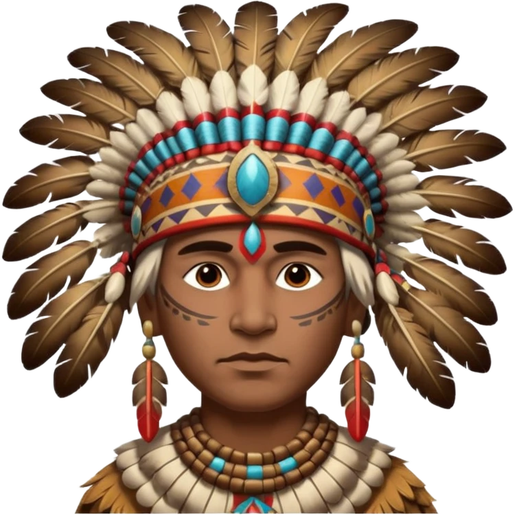 A proud chief with feathered headdress, calm powerful stance, and painted patterns on his face.
 emoji