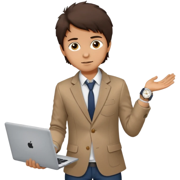 a tan boy with messy dark brown hair. Wearing a blazer and carrying a lapotop. watch on wrist emoji