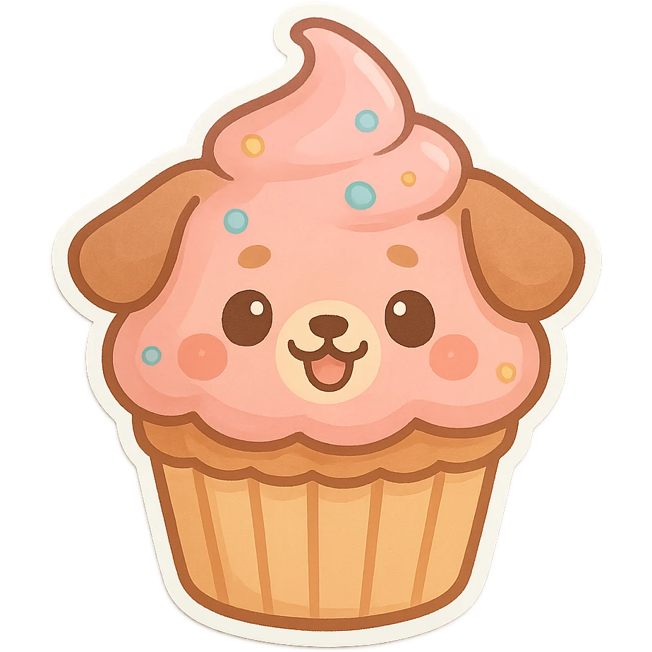 cupcake with pink icing and dog face, playful and whimsical style emoji