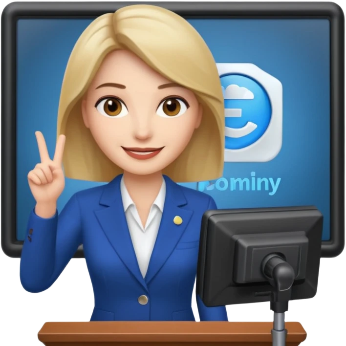 news anchor woman, with a screen with a prompter in front of her emoji