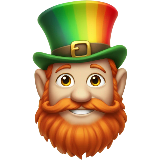 red-headed leprechaun with a rainbow behind him and pots of gold at the ends of the rainbows emoji