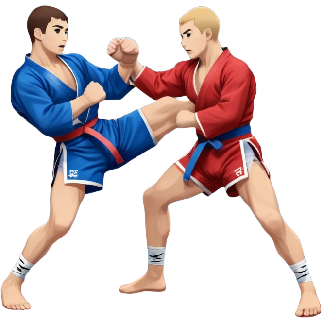 Two Sambo fighters in blue and red kimonos, with shorts and wrestling shoes, performing grappling and throwing techniques. The background shows a wrestling mat and an intense, focused atmosphere. Transparent background highlights the fluidity and skill of the sport without strikes. emoji