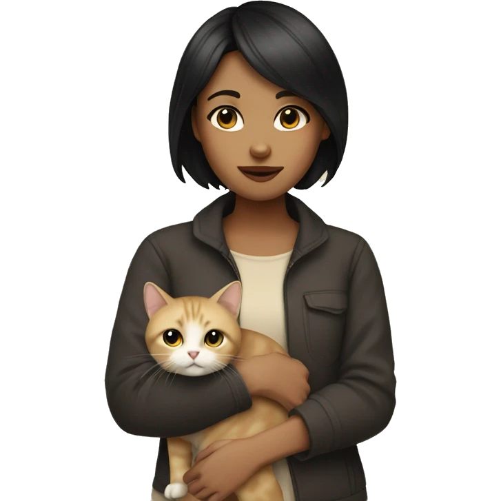 A girl with short black hair holding a beige cat emoji