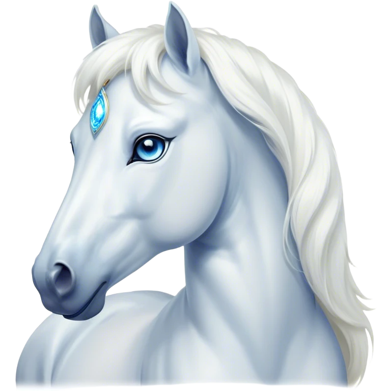 Cinematic Elegant White Horse Portrait Emoji, Head held high with a serene, graceful gaze, showcasing a magnificent pure white fur with a radiant shimmer, flowing mane and tail, and luminous blue eyes that exude beauty and grace, Simplified yet majestically refined features, highly detailed, glowing with a soft, ethereal light, high shine, poised and breathtaking, stylized with an air of pure elegance, capturing the essence of a stunning and graceful steed, so beautiful it feels like it could gallop out of the screen with effortless charm! emoji