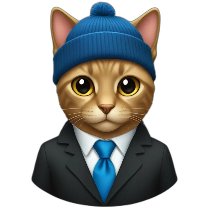 A black cat wearing a blue tie and black beanie  emoji