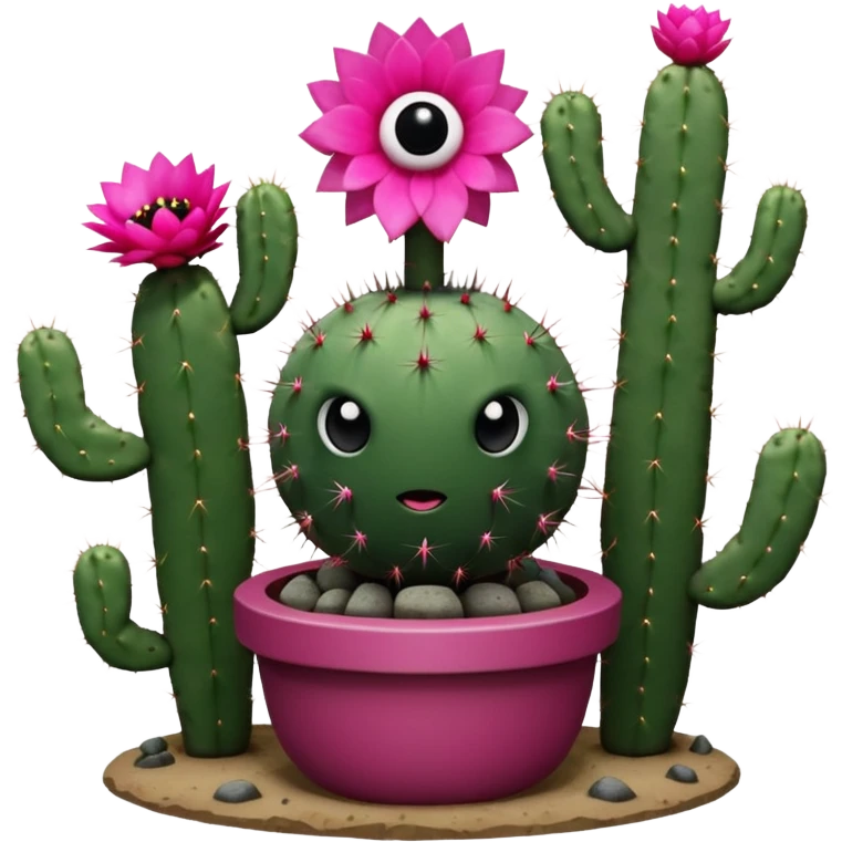 Cactus is a spherical dark green cactus with several white spikes protruding out of its surface, it has 2 eyes with huge pupils and highlights above it is a bright pink flower. Behind the Cactus is a stem holding a smaller cactus base appearing as a catapult emoji
