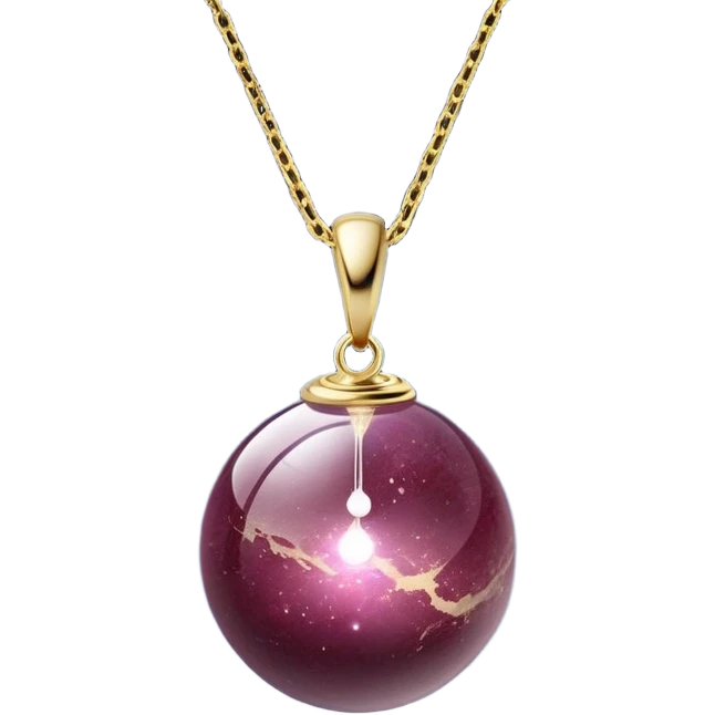 A polished round ball wine granite pendant suspended from a delicate gold chain, like a drop of enchanted starlight, glowing with the warmth of passion and the quiet power of transformation ethereal floating magical moving emoji