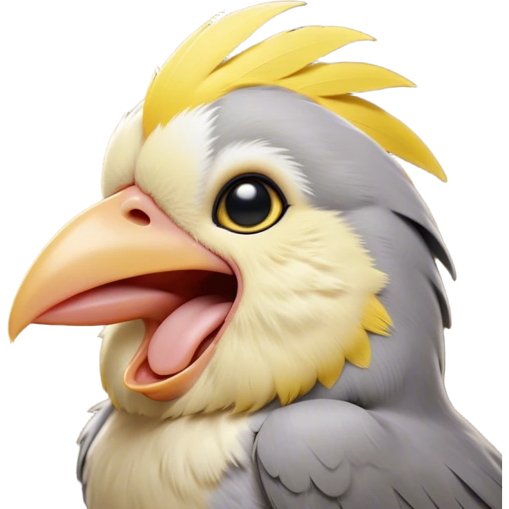 Cinematic Cute Yawning Cockatiel Portrait Emoji, Head tilted slightly with a dramatic, wide-open yawn, showcasing a soft grey fur with subtle yellow accents and gently drooping crest feathers, round dark eyes barely open in drowsy contentment, Simplified yet irresistibly adorable features, highly detailed, glowing with a soft, cozy glow, high shine, relaxed yet expressive, stylized with a touch of whimsy, bright and endearing, soft glowing outline, capturing the essence of a sleepy yet affectionate cockatiel, so drowsy it feels like it could stretch out of the screen and curl up for a nap! emoji