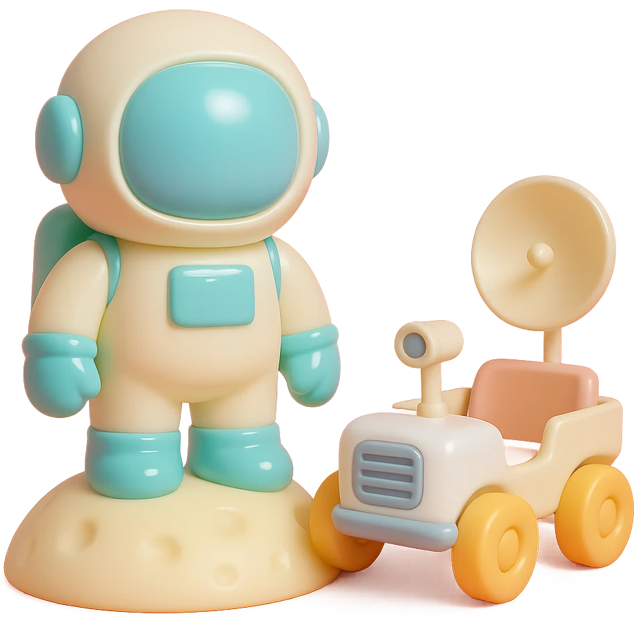 Add a detailed moon rover next to the vinyl figure style astronaut standing on the moon, keep the lunar surface details and original style emoji