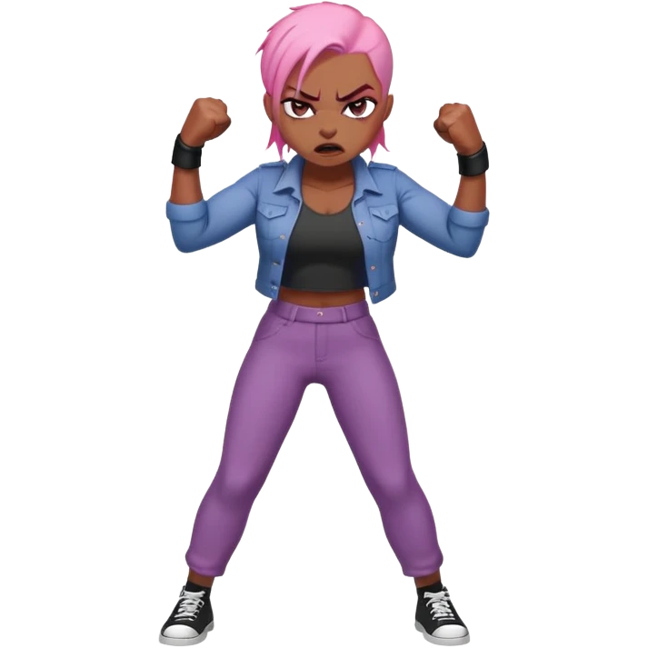 full body angry feminist with half bald head and half pink hair, extremely angry facial expression, fists clenched, aggressive stance emoji