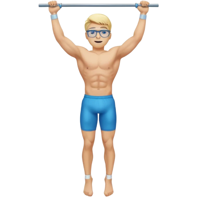 Generate an emoji-style illustration of a muscular blonde young man with blue eyes and transparent glasses, hanging from a pull-up bar. Show his full body from head to toe. Clean, modern emoji design with vibrant colors and simple background. emoji