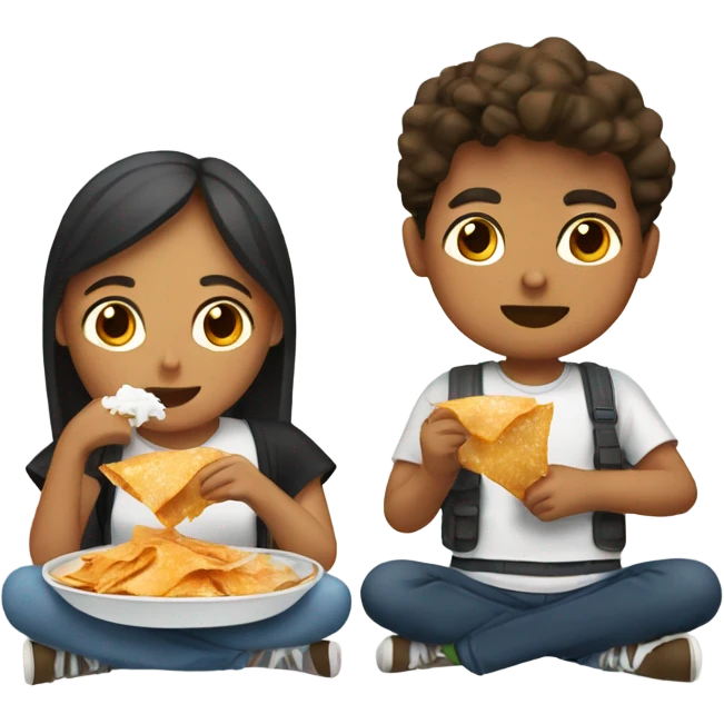 Boy and girl eating chilaquiles siting together emoji