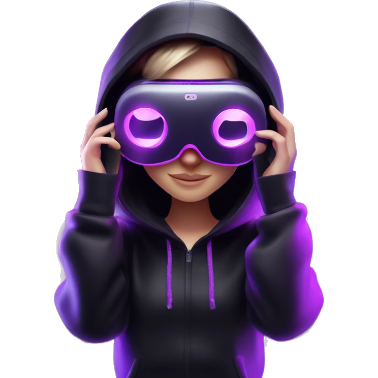 Russian girl wearing black hoody with violet letters "OMG", in vr headset oculus quest2. Dancing. Cyberpunk style. Violet neon. emoji
