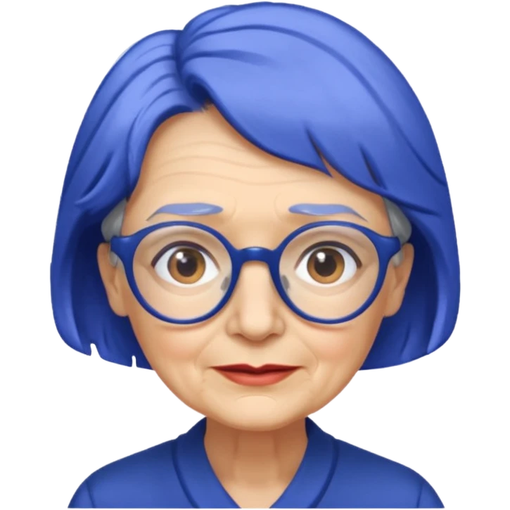 old lady with cobalt hair, wearing glasses, slight curl short hair, long face emoji