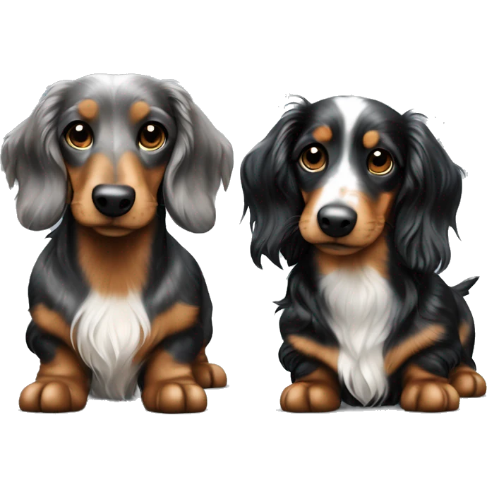 Two Tri Black Merle long haired Dachshunds together emoji