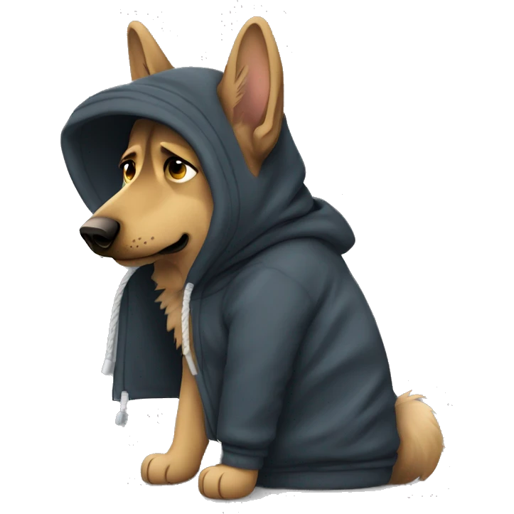 German shepherd wearing a hoodie and hes feeling cold emoji