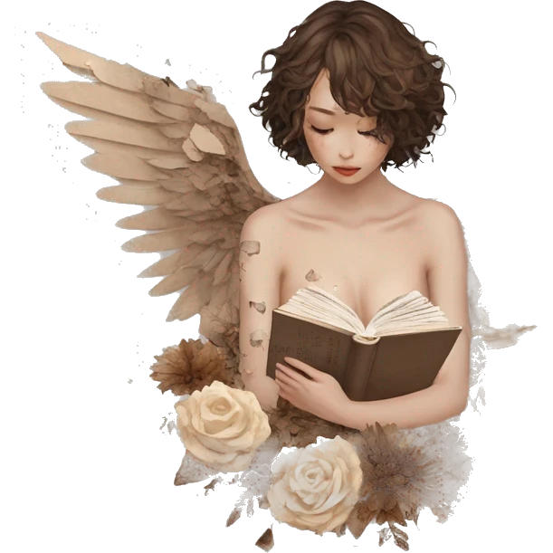 Library book bookworm academia aesthetic beige angel broken angel fallen angel tattoos with broken wing damaged wing torn wing, made of newspaper cuttings and dried flowers brown flowers emoji