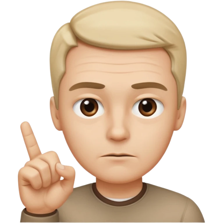 iOS-style 3D emoji: a person with slightly furrowed eyebrows, serious expression, head tilted forward, index finger raised and wagging, with motion lines around the finger to show movement emoji