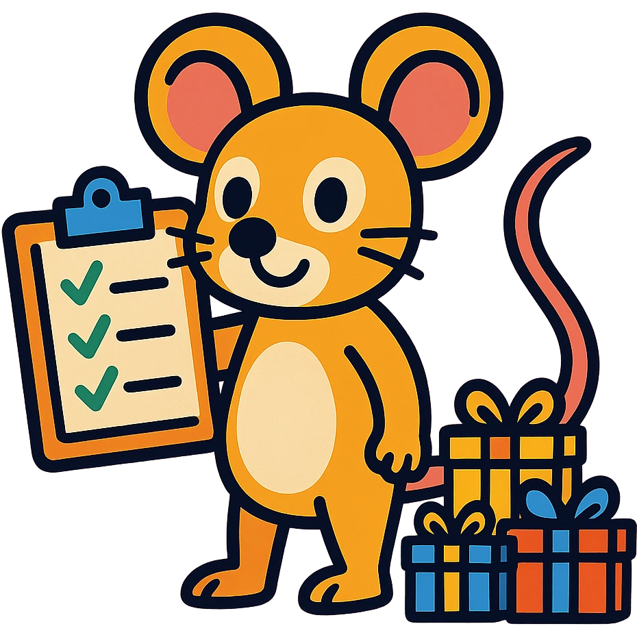 mouse with checklist and mini presents in vibrant-toon style emoji