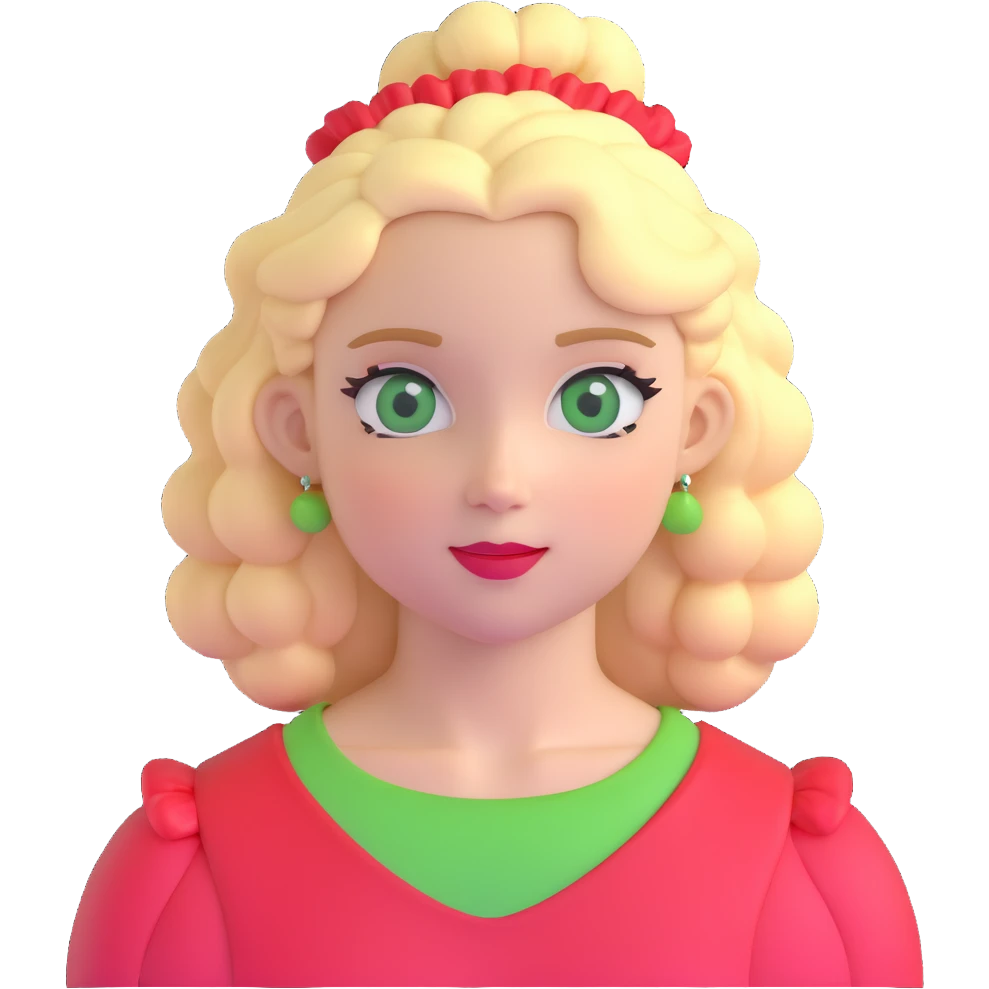 character with blonde, curly shoulder-length hair tied back with a red scrunchie, pale white skin, pale green eyes emoji