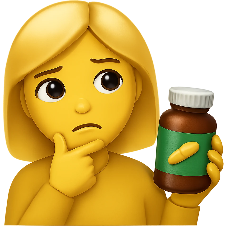 DONNA STILE EMOJI IPHONE DI UNA DONNA CON BOCCETTA DI INTEGRATORE IN MANO ED ESPRESSIONE DUBBIOSA, 4K emoji