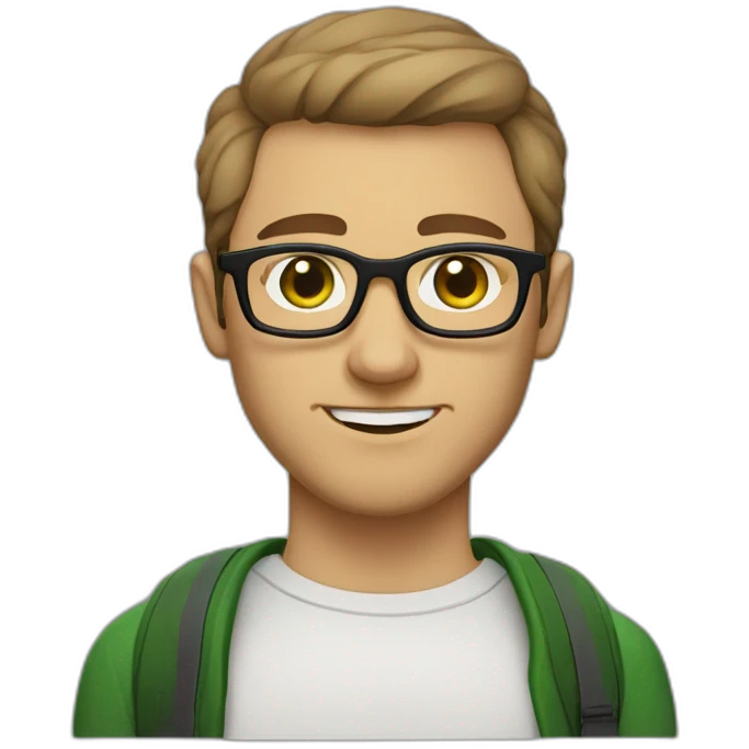 geek man with short haircut, green eyes color with armenian traits, short beard, white regular skin color and glasses emoji