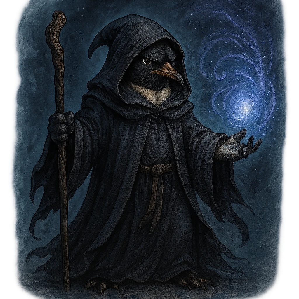 serious penguin wizard in a robe, casting a spell, mystical background, detailed illustration emoji