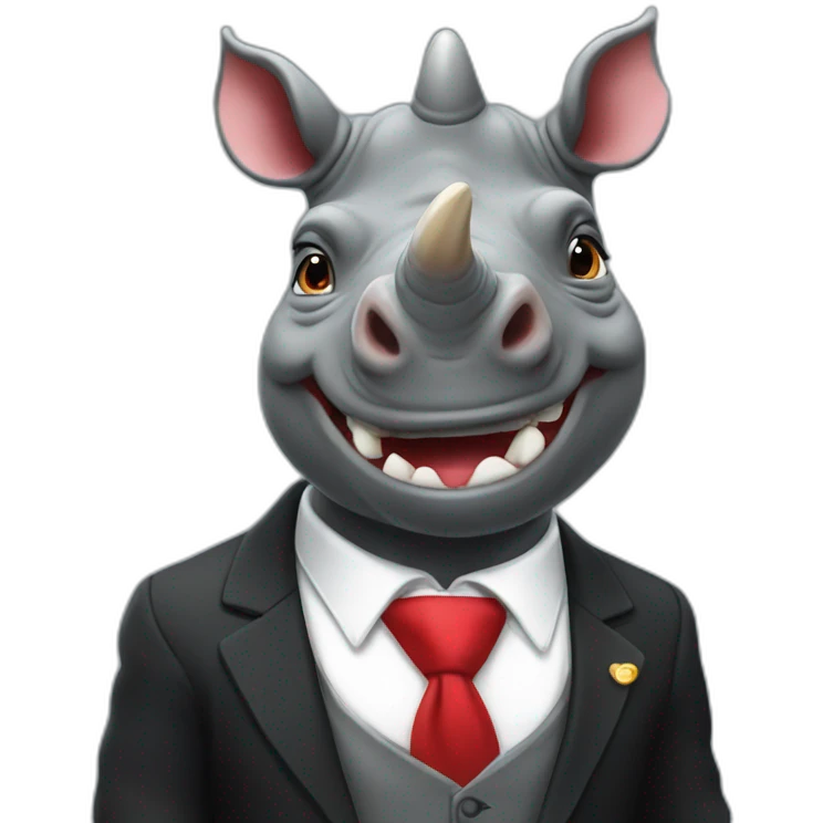 happy swag rhino wearing black suit with red tie emoji