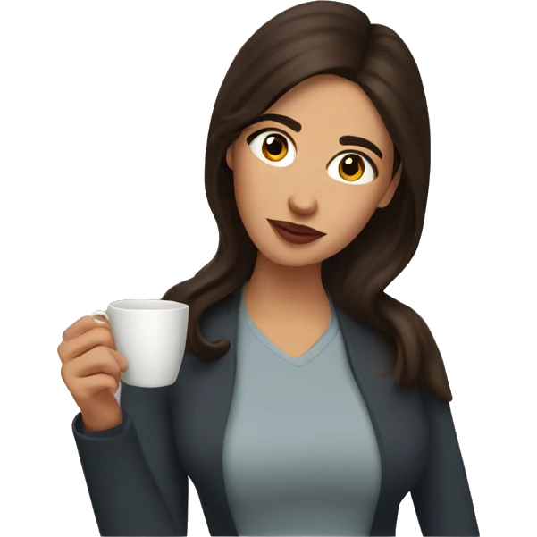 brunette woman sipping tea with eyebrows raised emoji