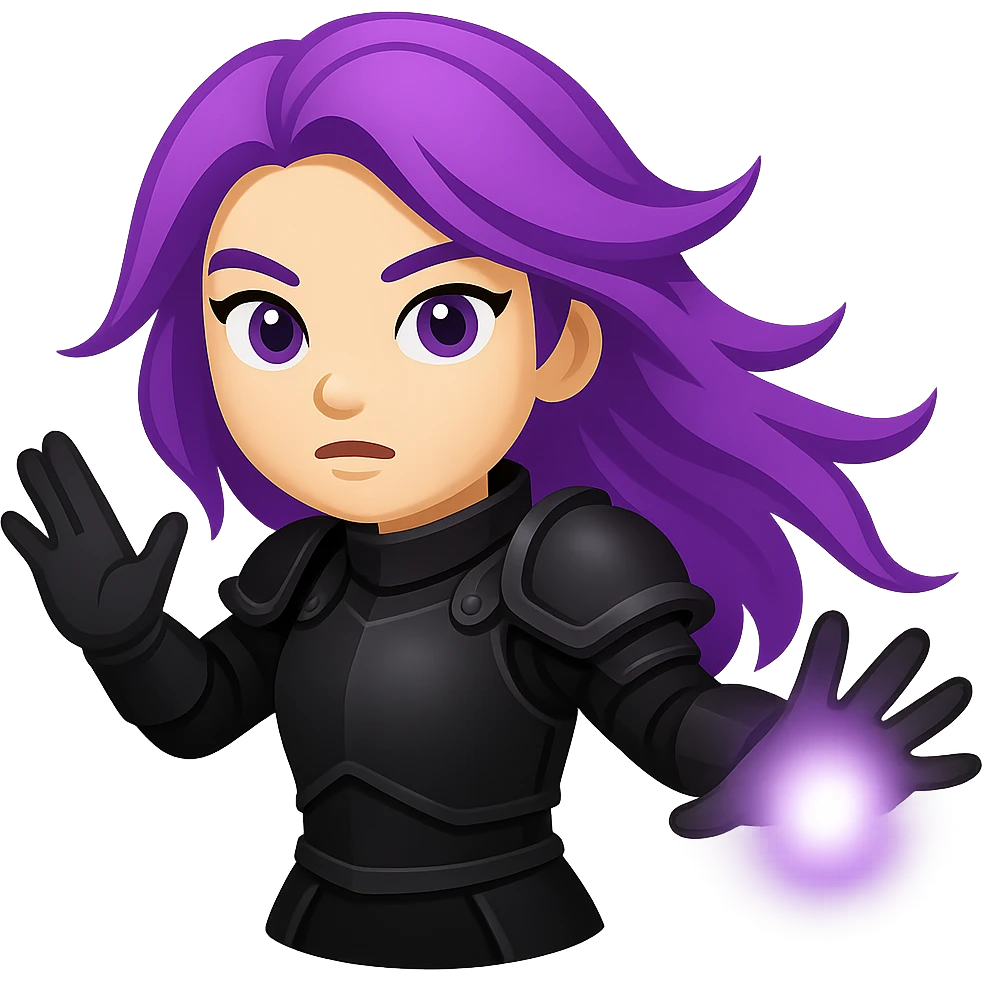 Create an emoji style image of a mysterious warrior girl with flowing purple hair and black armor with arms outstretched as if casting a spell. Keep the style and colors consistent with the reference image. No background. emoji