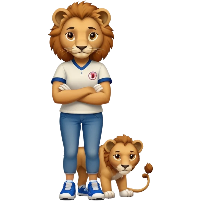 confident anthropomorphised female lion wearing a baseball shirt, jeans, trainers, arms crossed, strong and determined expression emoji